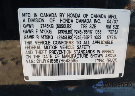 2007 Honda Ridgeline Rtl z USA, uszkodzony, nr VIN 2HJYK16567H543585